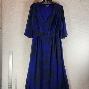 Bespoke Fit Women's 3/4 Sleeve V-Neck Blue Black Floral Maxi Dress Size 14 10013